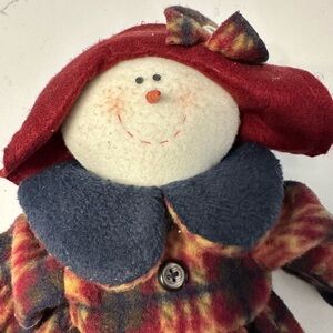 Vintage folk snowman lady winter artisan flair wool plaid 21 inch winter decor